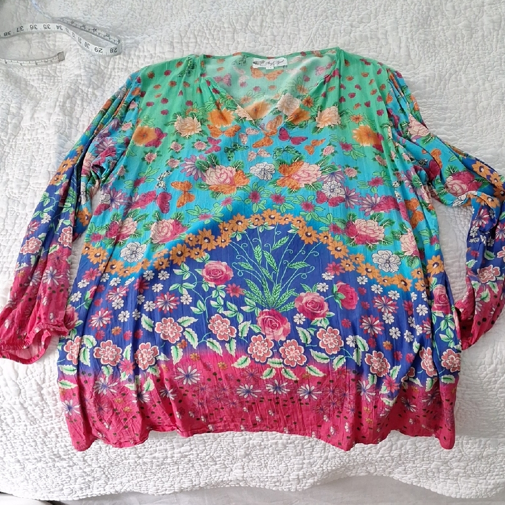 Angel Heart 1X Green Blue Pink Orange Top Blouse Shirt